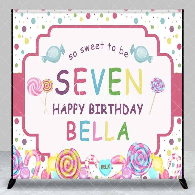 Aperturee - Aperturee Personalized Candy Land 7th Birthday Custom Backdrop Sweet Lollipops and Polka Dots Party Decor