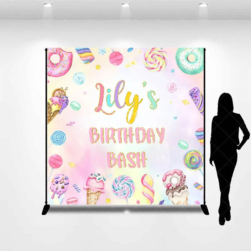 Aperturee - Aperturee Personalized Candyland Birthday Bash Backdrop Pastel Donut and Lollipop Theme Custom Name Sweet Shoppe Party