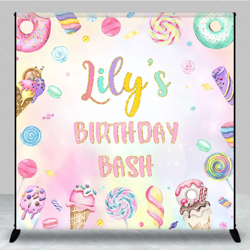 Aperturee - Aperturee Personalized Candyland Birthday Bash Backdrop Pastel Donut and Lollipop Theme Custom Name Sweet Shoppe Party