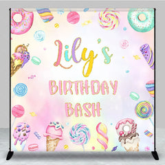 Aperturee - Aperturee Personalized Candyland Birthday Bash Backdrop Pastel Donut and Lollipop Theme Custom Name Sweet Shoppe Party