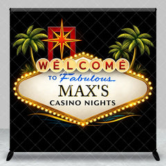 Aperturee - Aperturee Personalized Casino Nights Custom Backdrop Welcome Sign with Palm Trees and Starburst for Party Decor