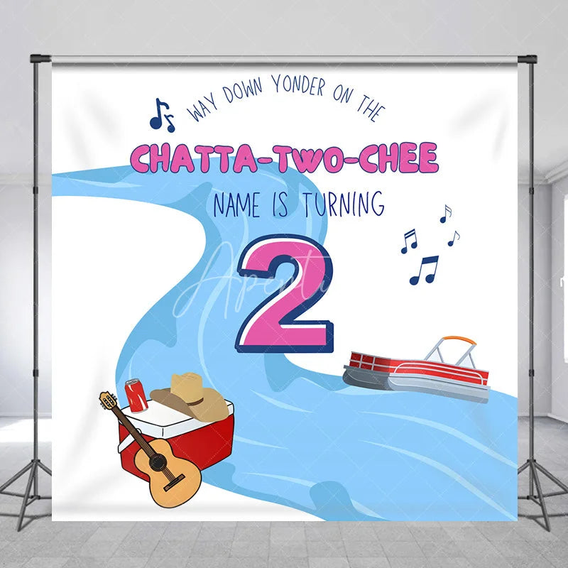 Aperturee - Aperturee Personalized Chatta-Two-Chee 2nd Birthday Backdrop River Boat and Country Music Theme Background Custom Name Boys