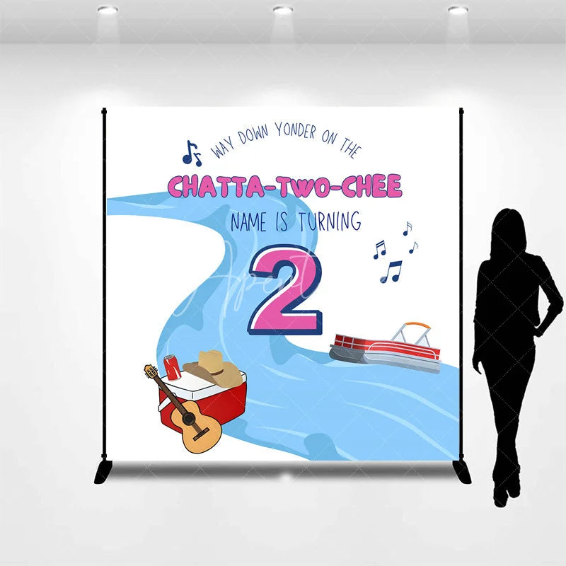 Aperturee - Aperturee Personalized Chatta-Two-Chee 2nd Birthday Backdrop River Boat and Country Music Theme Background Custom Name Boys
