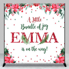 Aperturee - Aperturee Personalized Christmas Baby Shower Backdrop A Little Bundle of Joy Poinsettia Holly Glitter Decor