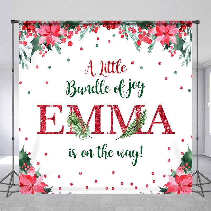 Aperturee - Aperturee Personalized Christmas Baby Shower Backdrop A Little Bundle of Joy Poinsettia Holly Glitter Decor