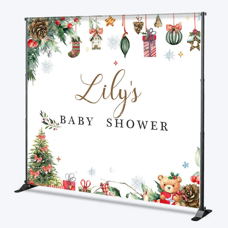 Aperturee - Aperturee Personalized Christmas Baby Shower Backdrop A Merry Little Baby Holiday Teddy Bear Pine Decor