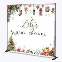 Aperturee - Aperturee Personalized Christmas Baby Shower Backdrop A Merry Little Baby Holiday Teddy Bear Pine Decor