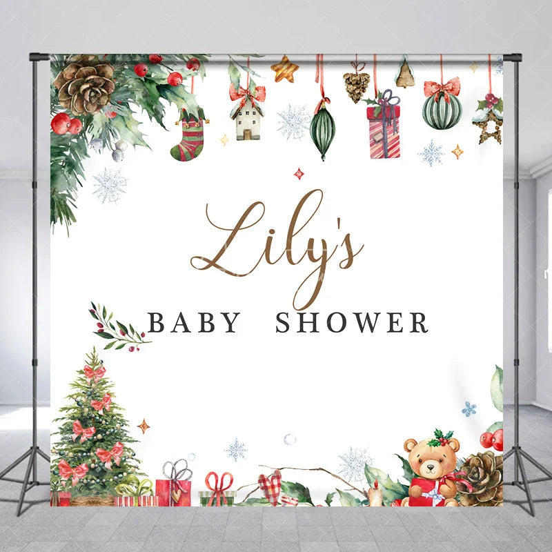 Aperturee - Aperturee Personalized Christmas Baby Shower Backdrop A Merry Little Baby Holiday Teddy Bear Pine Decor