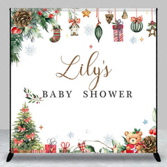 Aperturee - Aperturee Personalized Christmas Baby Shower Backdrop A Merry Little Baby Holiday Teddy Bear Pine Decor