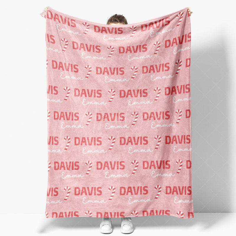 Aperturee - Aperturee Personalized Christmas Candy Cane Blanket with Custom Name Holiday Decor Throw for Kids Pink Xmas Gift