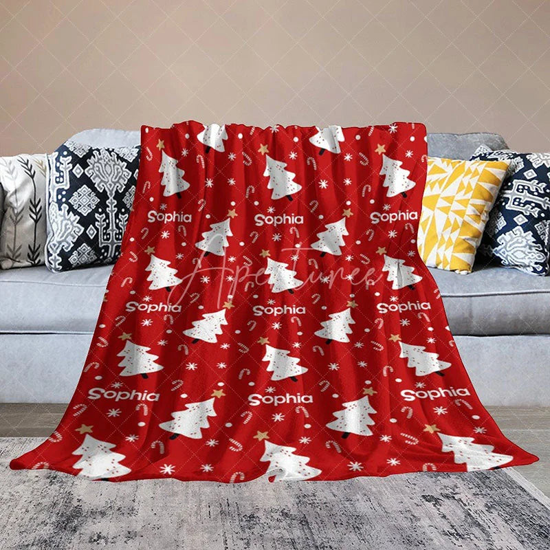 Aperturee - Aperturee Personalized Christmas Tree Blanket with Custom Name Red Holiday Decor with White Trees Xmas Gift for Girls