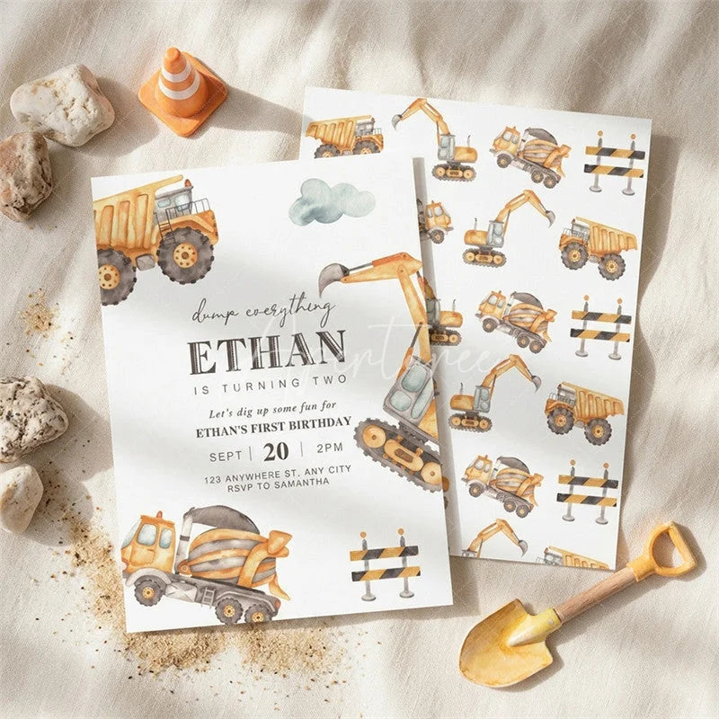 Aperturee - Aperturee Set of 20 Personalized Construction Birthday Invitations Custom Dump Truck and Excavator Party Invites for Kids