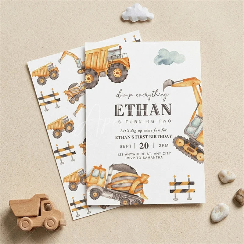 Aperturee - Aperturee Set of 20 Personalized Construction Birthday Invitations Custom Dump Truck and Excavator Party Invites for Kids