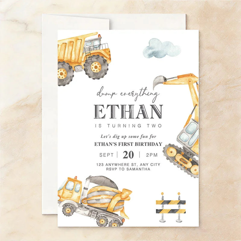 Aperturee - Aperturee Set of 20 Personalized Construction Birthday Invitations Custom Dump Truck and Excavator Party Invites for Kids