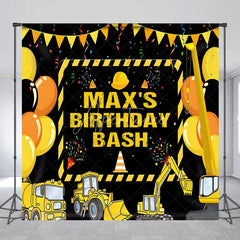 Aperturee - Aperturee Personalized Construction Site Birthday Backdrop Yellow Heavy Equipment and Balloons Party Decor