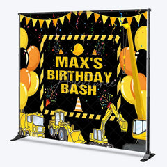 Aperturee - Aperturee Personalized Construction Site Birthday Backdrop Yellow Heavy Equipment and Balloons Party Decor
