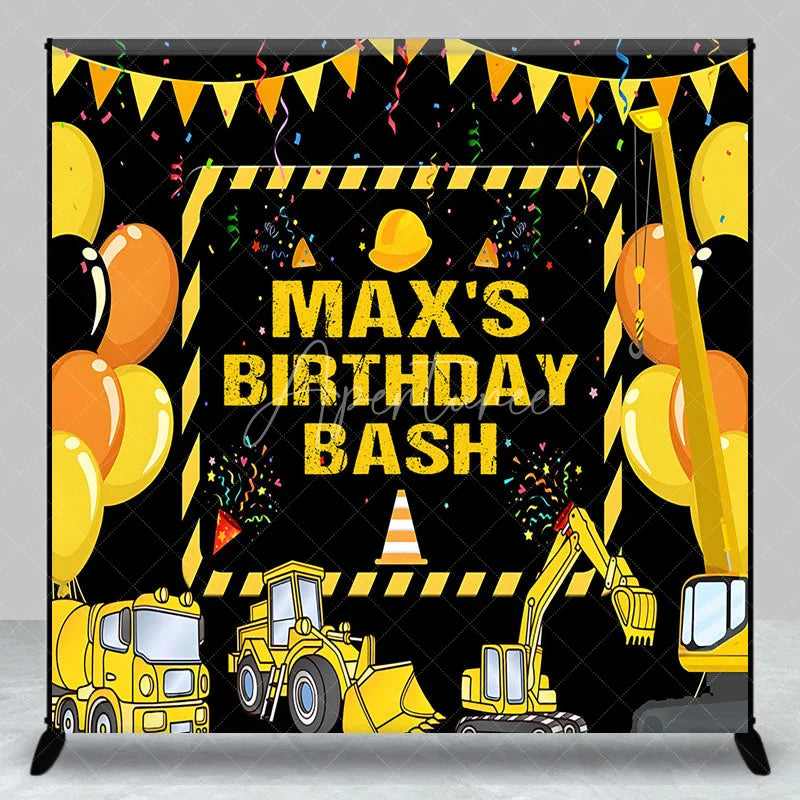 Aperturee - Aperturee Personalized Construction Site Birthday Backdrop Yellow Heavy Equipment and Balloons Party Decor