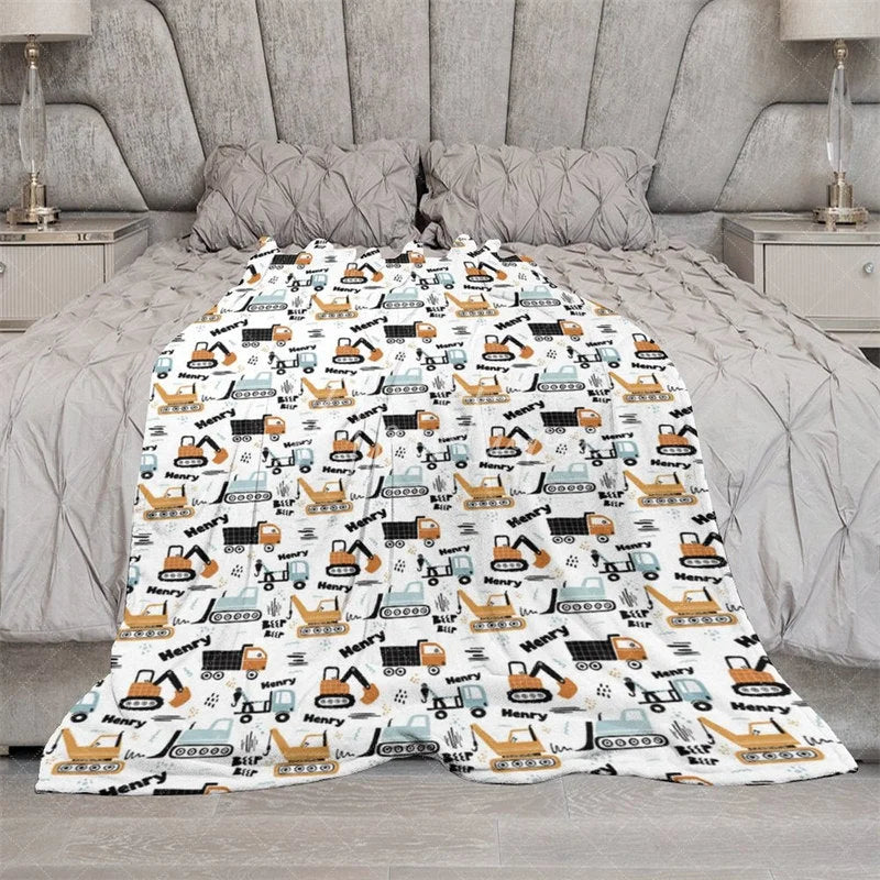 Aperturee - Aperturee Personalized Construction Truck Baby Blanket with Custom Name Excavator and Dump Truck Nursery Decor for Boys