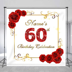 Aperturee - Aperturee Personalized Custom Red Roses Golden Frame Glitter 60th Birthday Celebration Backdrop Elegant Party Decor.
