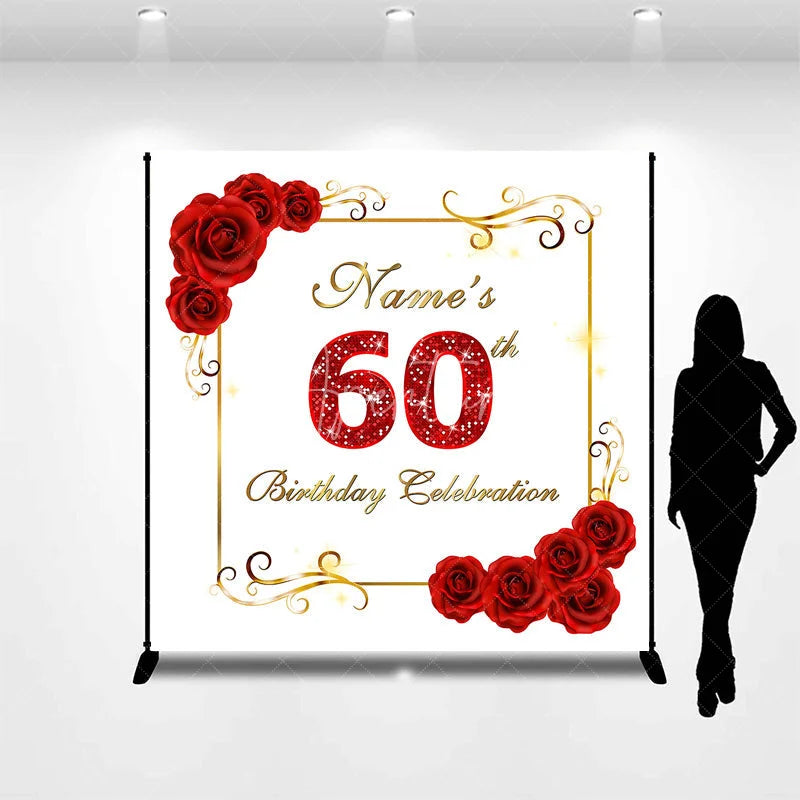 Aperturee - Aperturee Personalized Custom Red Roses Golden Frame Glitter 60th Birthday Celebration Backdrop Elegant Party Decor.