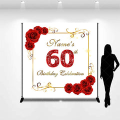 Aperturee - Aperturee Personalized Custom Red Roses Golden Frame Glitter 60th Birthday Celebration Backdrop Elegant Party Decor.