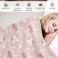 Aperturee - Aperturee Personalized Daisy Floral Blanket with Custom Name Pink Wildflower Theme for Girls Nursery Baby Shower Gift