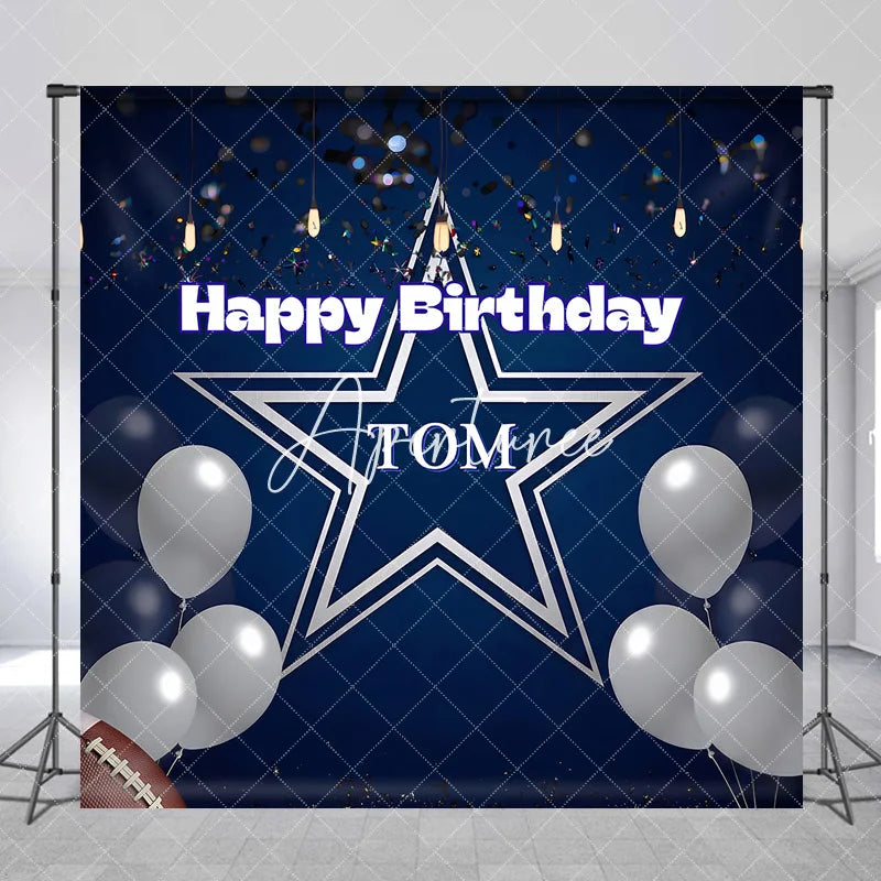 Aperturee - Aperturee Personalized Dark Blue Happy Birthday Sports Star Backdrop Custom Party Decor with Silver Balloons and Confetti.