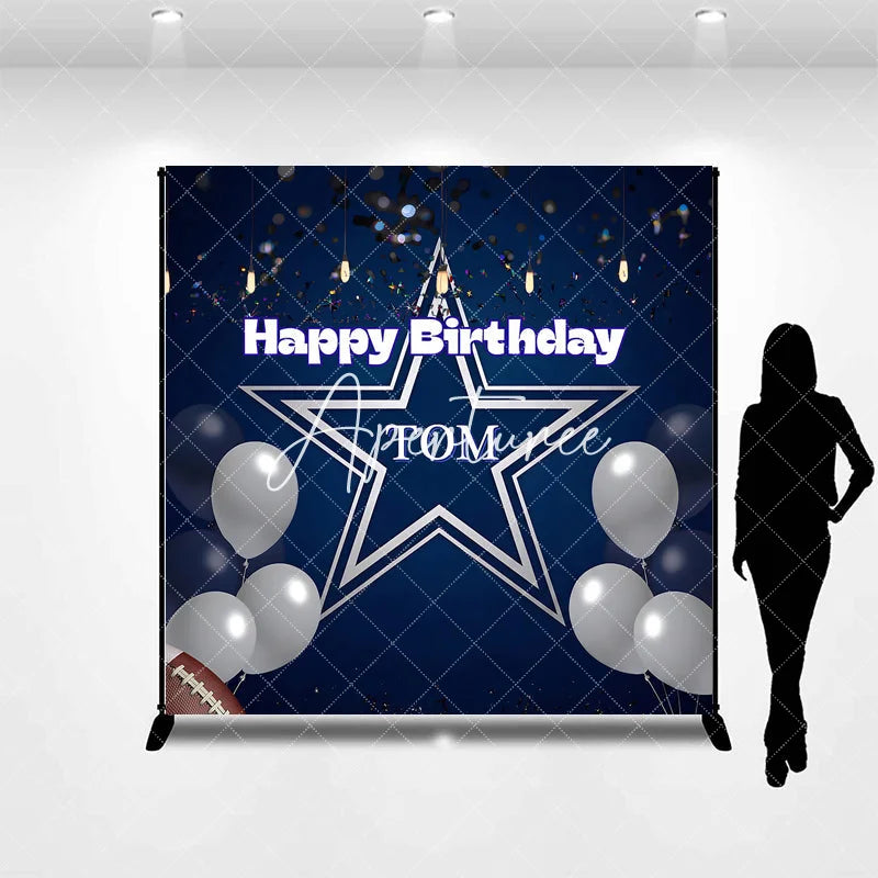 Aperturee - Aperturee Personalized Dark Blue Happy Birthday Sports Star Backdrop Custom Party Decor with Silver Balloons and Confetti.