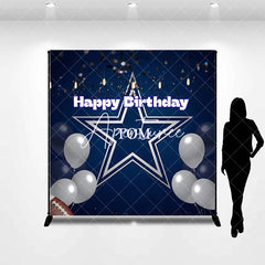Aperturee - Aperturee Personalized Dark Blue Happy Birthday Sports Star Backdrop Custom Party Decor with Silver Balloons and Confetti.