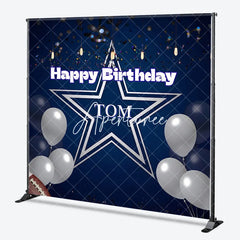 Aperturee - Aperturee Personalized Dark Blue Happy Birthday Sports Star Backdrop Custom Party Decor with Silver Balloons and Confetti.