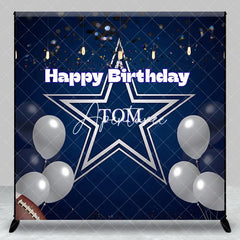 Aperturee - Aperturee Personalized Dark Blue Happy Birthday Sports Star Backdrop Custom Party Decor with Silver Balloons and Confetti.