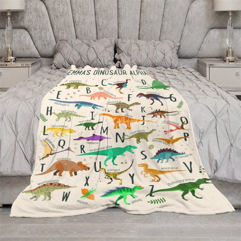 Aperturee - Aperturee Personalized Dinosaur Alphabet Blanket with Custom Name Educational A-Z Dino Chart Fun Nursery Decor for Kids