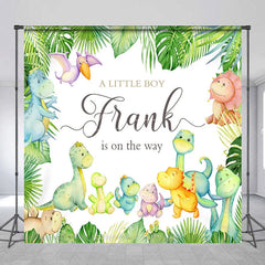 Aperturee - Aperturee Personalized Dinosaur Baby Shower Backdrop for Boy A Little Boy is on the Way Cute Watercolor Dino Decor