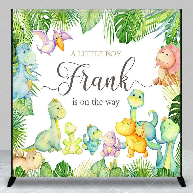 Aperturee - Aperturee Personalized Dinosaur Baby Shower Backdrop for Boy A Little Boy is on the Way Cute Watercolor Dino Decor