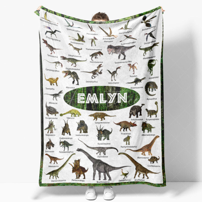 Aperturee - Aperturee Personalized Dinosaur Blanket with Custom Name Educational Chart with Realistic Dinos Gift for Boys and Girls