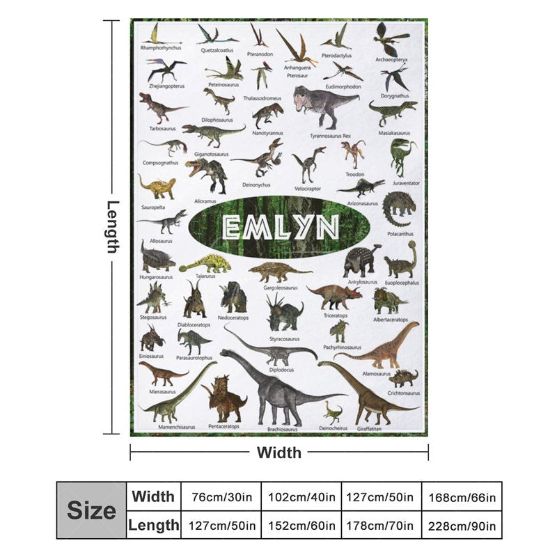 Aperturee - Aperturee Personalized Dinosaur Blanket with Custom Name Educational Chart with Realistic Dinos Gift for Boys and Girls