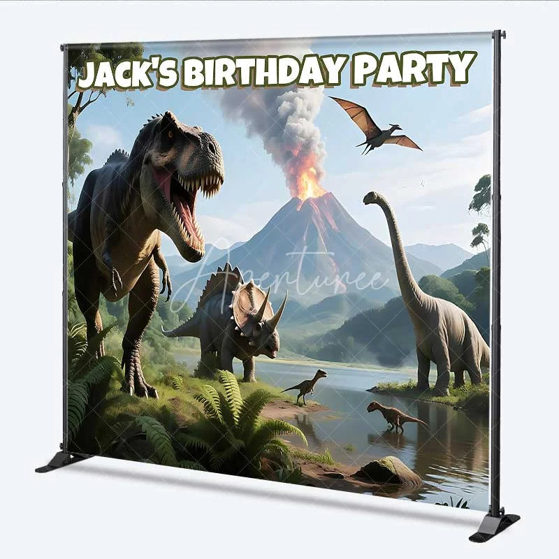 Aperturee - Aperturee Personalized Dinosaur Custom Birthday Backdrop Jungle Volcano T-Rex Boys Party Photography Background
