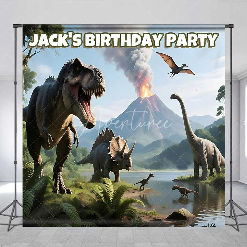 Aperturee - Aperturee Personalized Dinosaur Custom Birthday Backdrop Jungle Volcano T-Rex Boys Party Photography Background
