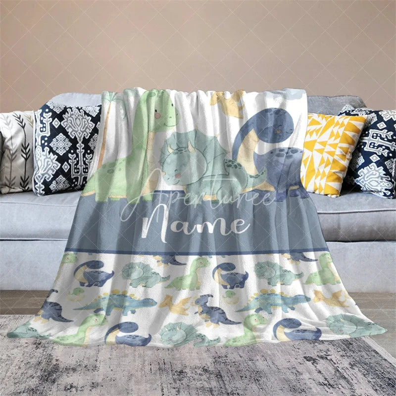 Aperturee - Aperturee Personalized Dinosaur Name Blanket for Boys Cute Watercolor Dino Pattern Custom Nursery Bedding Baby Shower Gift