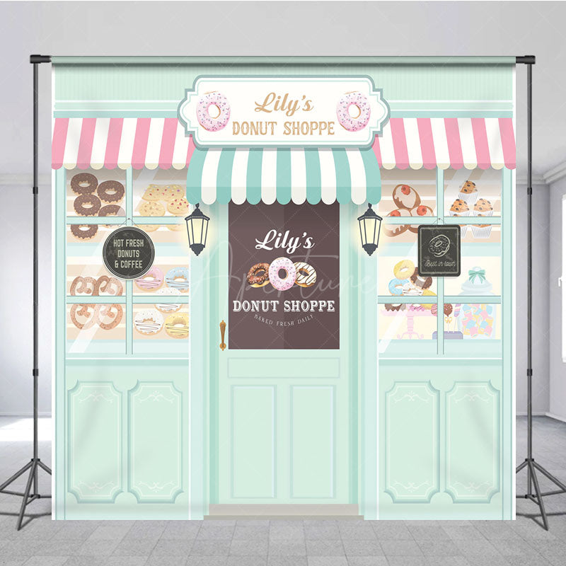 Aperturee - Aperturee Personalized Donut Shoppe Birthday Backdrop Custom Name Pastry Storefront Two Sweet Party Photo Booth Decor