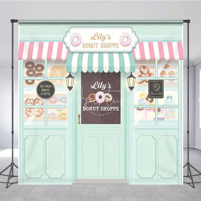 Aperturee - Aperturee Personalized Donut Shoppe Birthday Backdrop Custom Name Pastry Storefront Two Sweet Party Photo Booth Decor