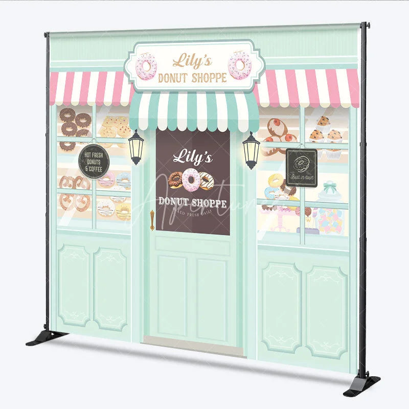 Aperturee - Aperturee Personalized Donut Shoppe Birthday Backdrop Custom Name Pastry Storefront Two Sweet Party Photo Booth Decor
