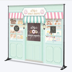 Aperturee - Aperturee Personalized Donut Shoppe Birthday Backdrop Custom Name Pastry Storefront Two Sweet Party Photo Booth Decor