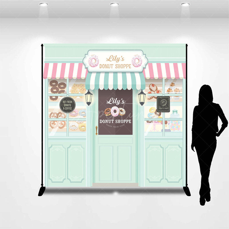 Aperturee - Aperturee Personalized Donut Shoppe Birthday Backdrop Custom Name Pastry Storefront Two Sweet Party Photo Booth Decor