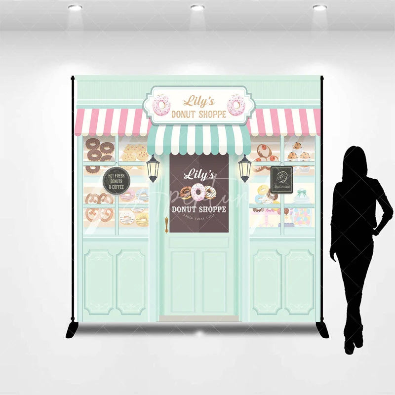 Aperturee - Aperturee Personalized Donut Shoppe Birthday Backdrop Custom Name Pastry Storefront Two Sweet Party Photo Booth Decor