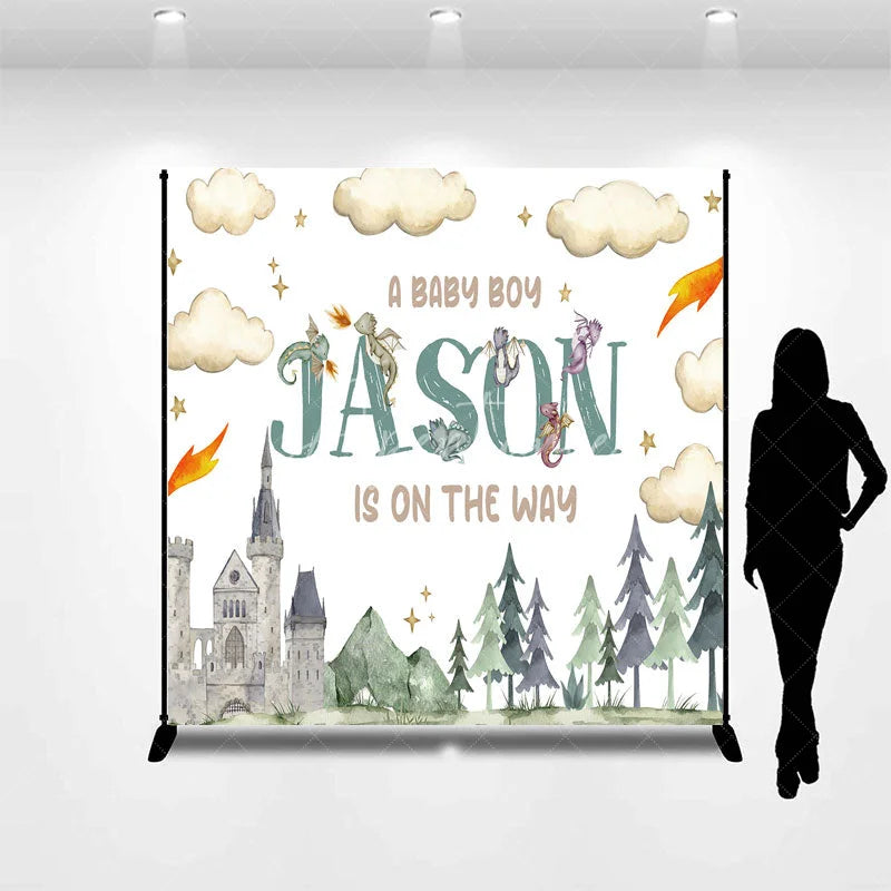Aperturee - Aperturee Personalized Dragon and Castle Baby Boy Backdrop Custom Name Watercolor Forest Party Banner