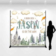 Aperturee - Aperturee Personalized Dragon and Castle Baby Boy Backdrop Custom Name Watercolor Forest Party Banner