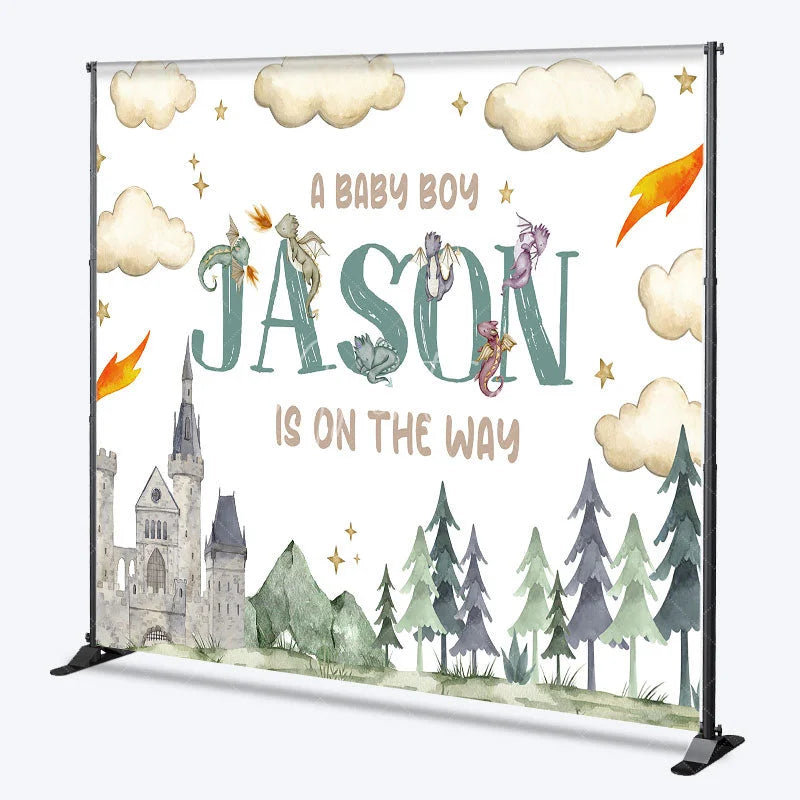Aperturee - Aperturee Personalized Dragon and Castle Baby Boy Backdrop Custom Name Watercolor Forest Party Banner