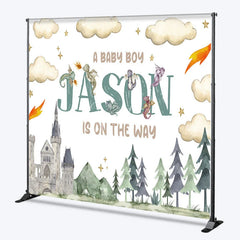 Aperturee - Aperturee Personalized Dragon and Castle Baby Boy Backdrop Custom Name Watercolor Forest Party Banner