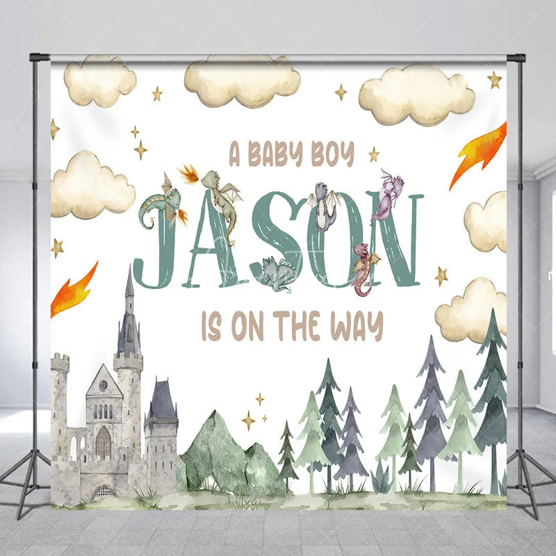 Aperturee - Aperturee Personalized Dragon and Castle Baby Boy Backdrop Custom Name Watercolor Forest Party Banner